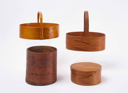 Two Shaker Sewing Carriers and Two Boxes: Two Shaker handled sewing carriers, together with a round Canterbury Shakers lidded box and an open box. New England, circa 1900. H 7-1/2 in. W 11-1/4 in. D 8 in. H 11 in. W 11-1/4 in. D 7 in. H 3-1/2