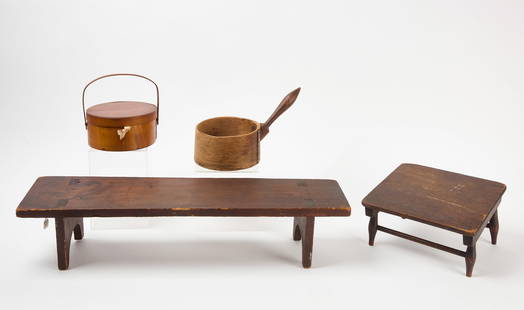 Shaker Measure, Stool, Bench, and Sewing Box: Shaker measure, stool, bench&nbsp;and sewing box. New England, early 20th century. Measure: H with&nbsp;handle 8-1/4 in. D opening 7-1/8 in. Stool&nbsp;H 6-3/4 in. Top L 11-3/4 in. W 11-1/2 in. Bench: