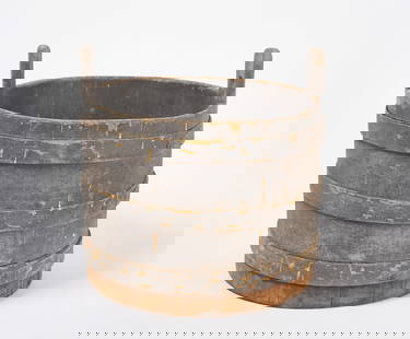 Large Handled and Painted Banded Bucket: A large handled banded bucket in grey paint. American, mid to late 19th century. H 22-1/2 in. D 23 in. Condition: Minor surface imperfections and edge wear as expected. Overall good. Link to high-res