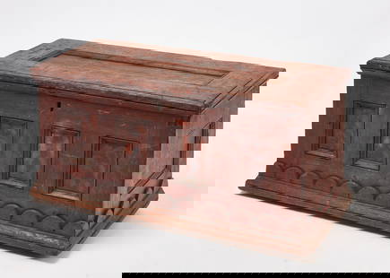 Carved Chest: Carved chest. Original paint-decoration. American, mid 19th century. H 14-1/2 in. W 32 in. D 14 in. Condition: Surface wear commensurate with age. Link to high-res images: https://www.dropbo