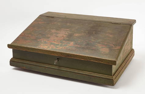 Slant-Lid Writing Box: Slant-lid writing box in old green paint. Key included. American, mid to late 19th century. H 10-1/2 in. W 25 in.&nbsp; D&nbsp; 17-3/4 in. Condition: Surface imperfections commensurate with age. Link