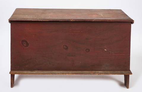 Painted Six-Board Blanket Chest: Painted six-board blanket chest in original&nbsp; red paint. Robust H-hinges. American, circa 1800. H 25-1/2 in. W 44-1/2 in. D 18-1/2 in. Condition: Surface imperfections and general wear. Base moldi