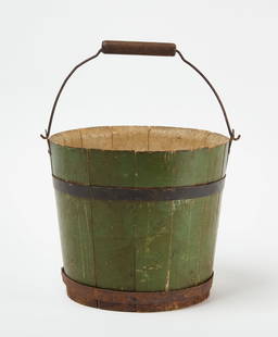 Painted Hingham Bucket: Signed Hingham&nbsp;bucket in original green paint with white interior. Massachusetts, 19th century. H 9 in. D 10 in. Condition: Imperfections from use. Bottom&nbsp;iron ring is loose. Link to high-re