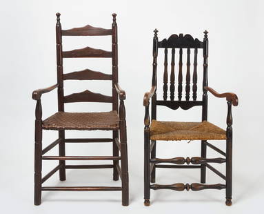 Two Early Connecticut Chairs: Two&nbsp;early Connecticut chairs. Bannister back arm chair. Connecticut, circa 1720. Together with a ladder back arm chair. American, late 18th century. Bannister back: H 42-1/4 in.&nbsp;W 22 in. D 1