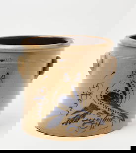 S. Hart Stoneware Crock with Pair of Lovebirds: &#39;S. Hart, Fulton NY&#39; cylindrical 6-gallon stoneware crock. Cobalt ink decoration with a pair of lovebirds. Applied lug handles. American, late 19th century. H 13-1/4 in. D 13-1/2 in. Condition