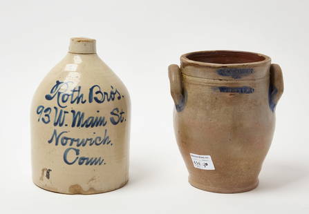 Norwich Stoneware Jug with Goodwin & Webster Crock: Norwich stoneware jug with Goodwin & Webster crock. The jug is white with 'Roth Bros. 93 W Main St, Norwich Conn' written on it in cobalt blue. Applied handle. The crock is stamped &#