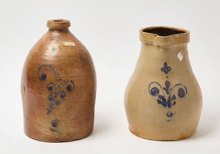 Risley Stoneware Jug and Pitcher: Two New England Risley stoneware pieces. The first has a reddish-brown glaze and is stamped 'S. Risley, Norwich'. It has a cobalt blue design. The second is a pitcher with a cobalt blue design