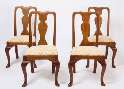 Set of Four Queen Anne Side Chairs: Set of four Queen Anne side chairs. Slipper front feet. New York.&nbsp; H 37 in. W 20 in.&nbsp;D 22 in.&nbsp; SH 16-3/4 in. Condition: Minor surface imperfections.