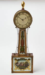 Aaron Willard Banjo Clock: Banjo clock by Aaron Willard of Boston. Includes weight, pendulum, and key. American, late 19th century. Overall: L 29-1/2 in. Dial: D 7-3/4 in. Condition: Not currently running. Some pieces of glass