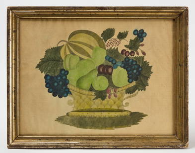 Theorem of a Fruit Basket: Still life theorem of a fruit basket. Watercolor on paper in a period, likely original, gilt frame. American, circa 1850. Frame: H 17-1/8 in. W 21-7/8 in. Sight: H 14-1/4 in. W 18-3/4 in. Condition: S