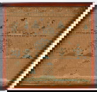 Needlework Sampler - Catherine Bach, 1795: Needlework sampler wrought by Catherine Bach, age 12. Needlepoint on silk. Depicts a simple yet elegant scene of people around trees and a homestead. American, 1795. Frame: H 22-3/4 in.&nbsp;W 24 in.