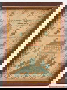 R. Fords - Needlework Sampler, 1823: Needlework sampler wrought by &#39;R. Fords&#39;, aged 9 years, in the year 1823. Features a house with three animals out front, flanked by trees. A fine floral border goes around the entire piece. Im