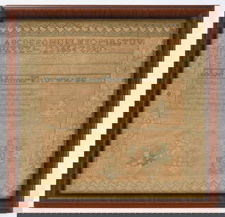 Needlework Sampler - Mary Ann Pitkin, 1825: Needlework sampler wrought by Mary Ann Pitkin. The sampler features the English alphabet, a poem, and floral motifs in simple, plain colors. Eastern Connecticut,&nbsp;1825.&nbsp; Frame: H 18-3/4 in. W