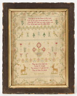Needlework Sampler - Sarah Chubb, 1779: Needlework sampler wrought by Sarah Chubb. Signed and dated. Silk on linen. Verse surrounded by floral and animal depictions. English, 1779.&nbsp; Frame: H 20-1/4 in. W 16-1/4 in. Sight: H 16-3/4 in.