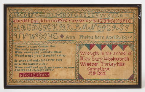 Windsor Connecticut Needlework Sampler - Ann Phelps, 1821: Early needlework sampler wrought by Ann Phelps in the school of Miss Lucy Woolworth (Windsor, Connecticut), circa 1821. The sampler is sectioned off into 3 parts; The alphabet, a religious poem, and s