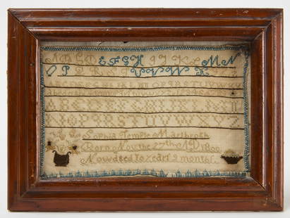 Marlborough MA Needlework Sampler - Sophia Temple, 1811: Needlework sampler wrought by Sophia Temple (Marlborough, MA) circa 1811. Sampler states that Sophia was born on Nov 27th, 1800. In a slightly later frame. Frame: H 9-3/4 in. W 13 in. Sight: H 6-1/2 i