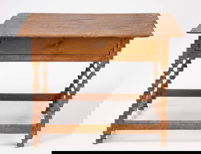 Tavern Table with Single Drawer: Tavern table with stretcher base and single drawer. American, 19th century. H 25 in.&nbsp;W 36-1/2 in. D 22-1/2 in.&nbsp; Condition: Re-worked drawer. Minor surface imperfections. Link for high-res im