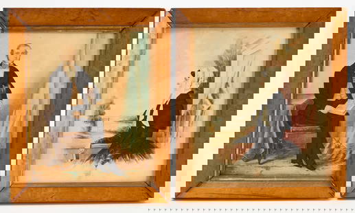 Two Ancestral Portraits: Two ancestral portraits. Watercolor on paper. First portrait depicts a man, seated holding a book or stack of papers. Second portrait depicts a woman standing on a balcony overlooking a body of water.