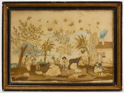 Needlework Farm Scene with Insects: Farm scene with insects flying above. Needlework on silk or linen. Framed. American or English, early 19th century. Frame: H 24 in. W 32 in. Sight: H 19-3/4 in. W 27-3/4 in. Condition: Edge wear and i