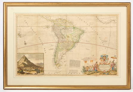 Herman Moll - Map of South America: Map of South America with an inset view of the silver mines of Potosi in Bolivia. Herman Moll. Copper engraving, printed on two sheets, joined. In contemporary frame. Circa 1730. Frame: H 32-3/4 in. W