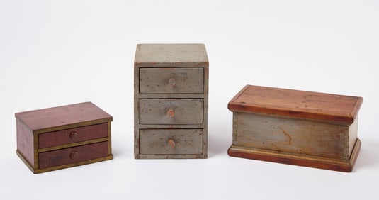 Three Painted Miniature Cabinets and Miniature Chest