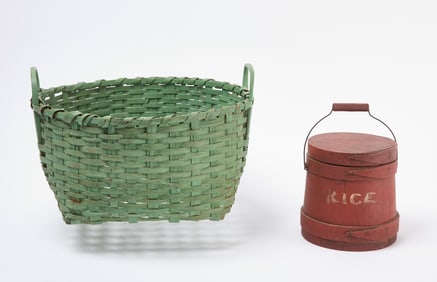 Painted Woven Basket and Small Painted Firkin