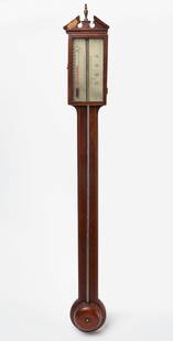 Barometer: Early wall mount barometer. Probably mahogany wood, with marquetry inlay. American, late 19th century. Note: This item contains mercury and must be picked up on site. This item cannot be shipped. L 39
