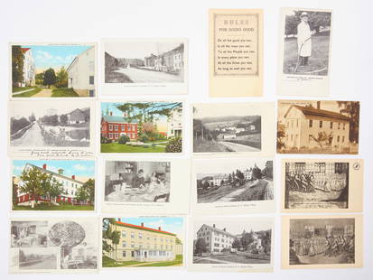 16 Post Cards of Mt. Lebanon Shakers 1900-1940: 16 post cards of Mt. Lebanon Shakers.&nbsp;North and South Families, an early card of Brother Levi (holding a scythe), houses, landscapes, etc. Only one has a stamp, the rest are postally unused, but