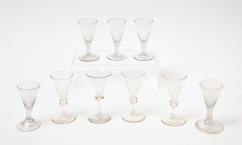 Nine Early Blown Glass Wine Glasses