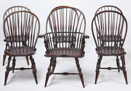 Set of Six Dimes Windsor Chairs: Set of six windsor chairs one armchair and five side chairs stamp D.R. Dimes. Dated&nbsp;1993.&nbsp; Arm Chair:&nbsp; H 40 in.&nbsp; W 26-1/2 in. D 23 in. SH 17-1/2 in. Side Chairs:&nbsp; H 38-1/2 in.
