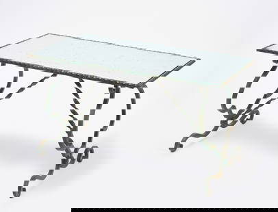 Coffee Table with Glass Top: Coffee table with glass top. Wrought iron base and mirrored glass top. American, early 20th century. H 19-1/4 in. W 35 in. D 18 in. Condition: Some wear to tabletop.