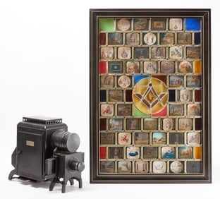 Framed Series of Masonic Magic Lantern Slides, and Balopticon Projector