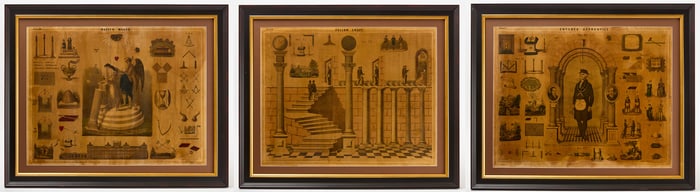 Three Lithographs of the Three Degrees of Freemasonry