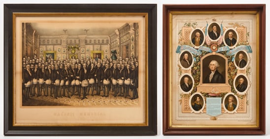 Two Masonic Lithographs - Distinguished Masons and Masonic Memorial