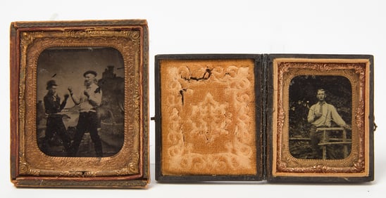 Two Interesting Tintypes - Bare-Knuckle Boxers and Man with Cane