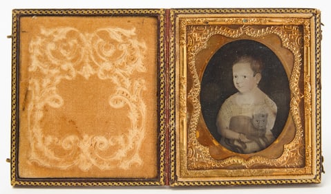 Folk Art Relievo Ambrotype of a Portrait - Girl and Cat