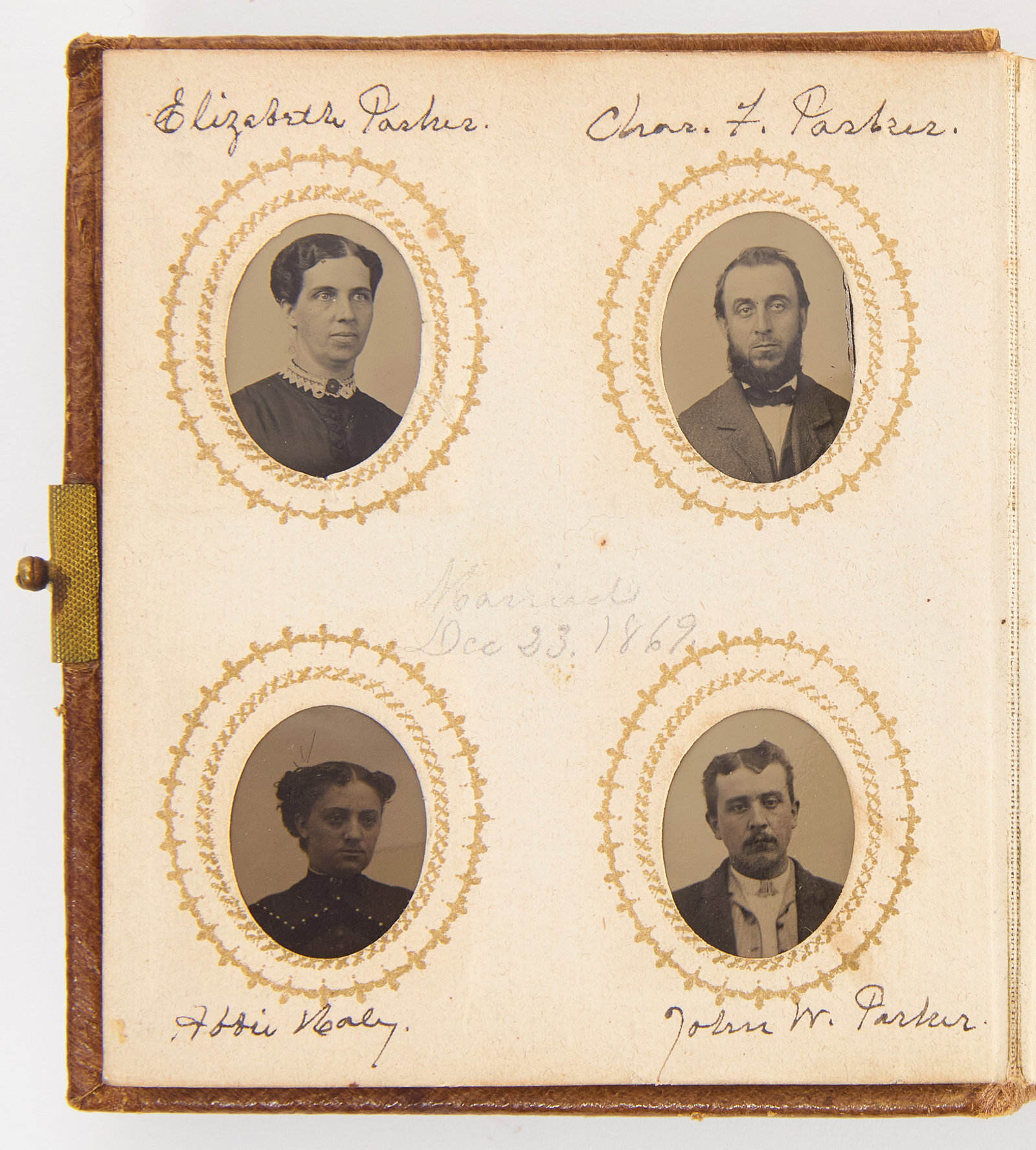 Gem Tintype Album with Charles Parker & Family: A gem tintype album with historical ties to Connecticut and early mechanical industry. This full album, consisting of 96 total gem size tintypes, shows Meriden, Conn. industry leader and former busine