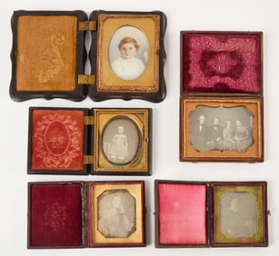 Four Daguerreotypes and Cased Portrait on Porcelain