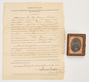 Tintype of Private Timothy Brown with Civil War Discharge Document
