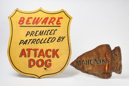 Painted Arrowhead Sign and Attack Dog Sign