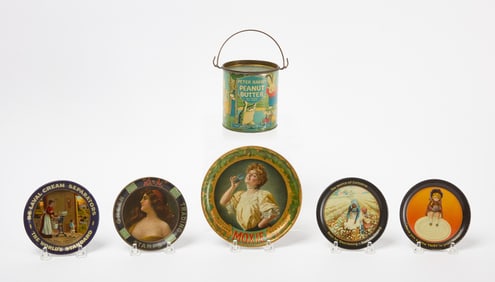 Five Advertising Trays, and Peanut Butter Tin
