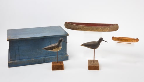 Blue Painted Box, Pair of Canoes, and Two Shorebirds