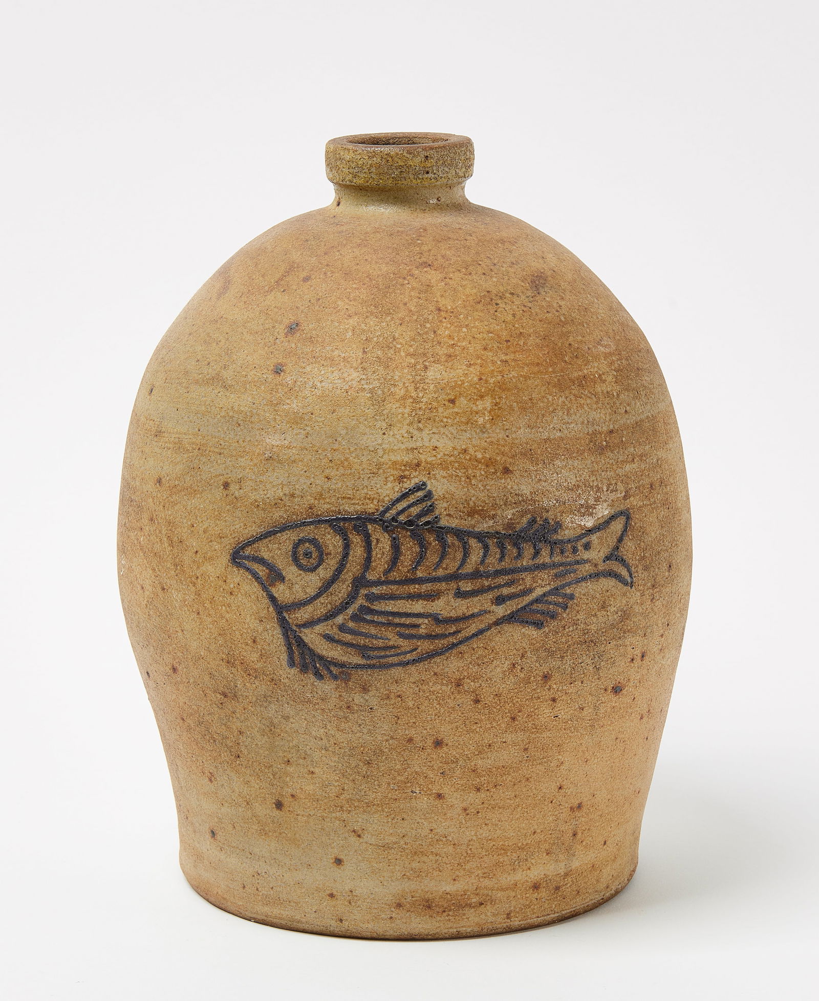 Stoneware Jug with Fish: Stoneware jug with fish in cobalt blue slip decoration. American. Circa 1865. H 10-1/4 in. D 8 in. 