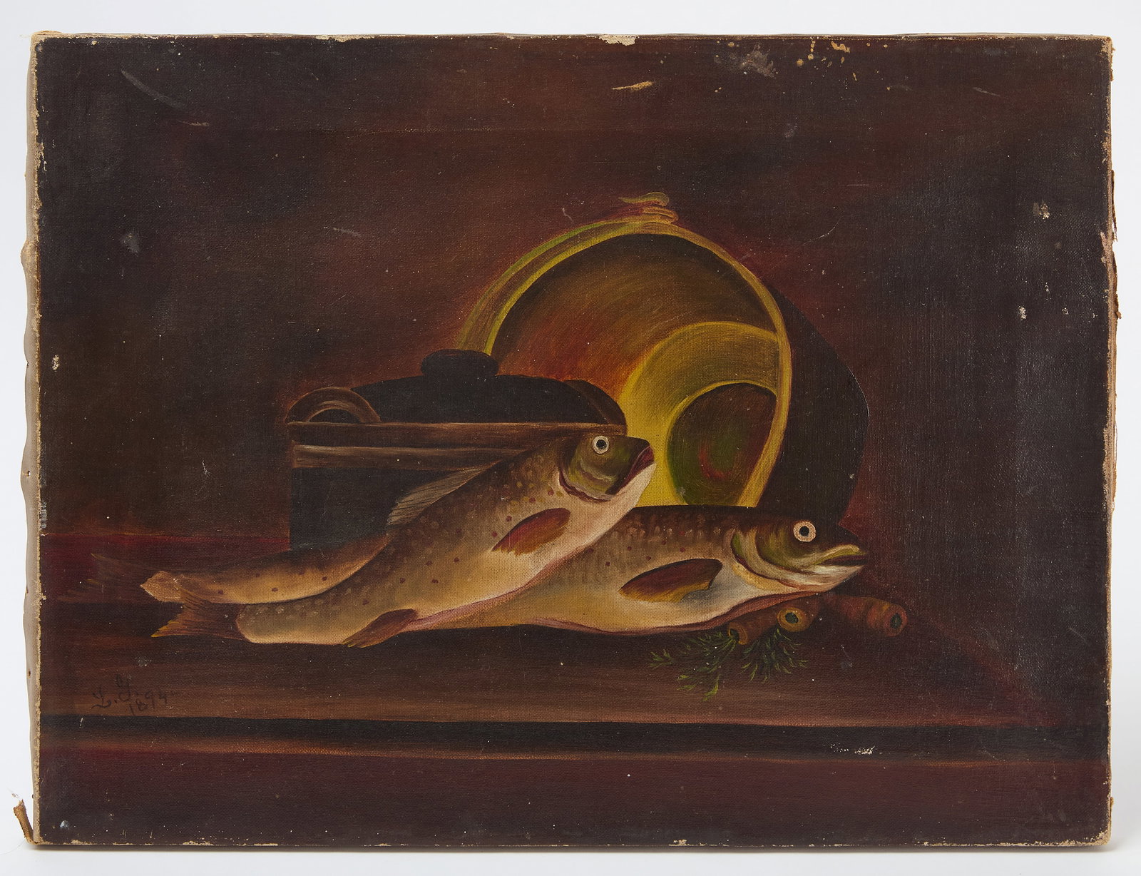 Folk Art Still Life of Fish, 1894: Folk art still life of fish and buckets. Oil on canvas. Unframed. Signed with initials 'L.G.' and the date '1894' in the LL corner. H 15 in. W 20 in. Link to high-res images: htt