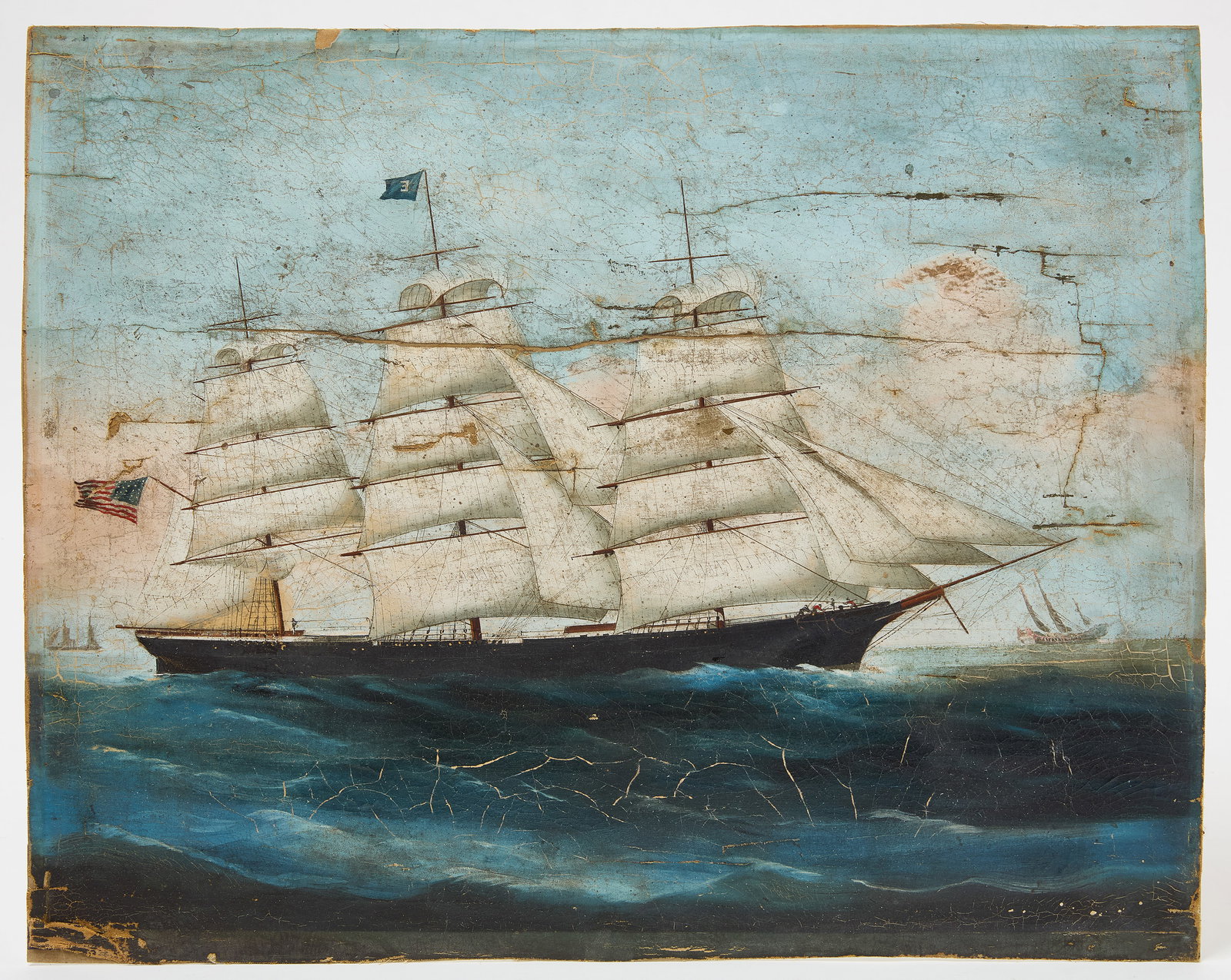 Portrait of a Barque Ship: Portrait of a barque ship on high seas. Oil on canvas, mounted to hard paper backing. Unsigned and unframed. American, 19th century. H 16-3/8 in. W 20-3/8 in. Link to high-res images: https://www.drop