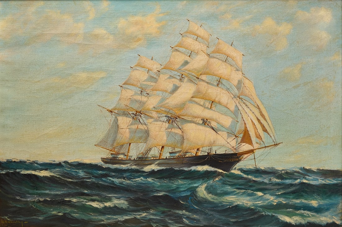 George H. Wheatley - Painting of Clipper Ship: George H. Wheatley - Painting of Clipper Ship. Oil on canvas. American, early 20th century. Frame: H 29-5/8" W 41-1/2".Sight: H 23-1/2" W 35-1/2". Link to high-res image