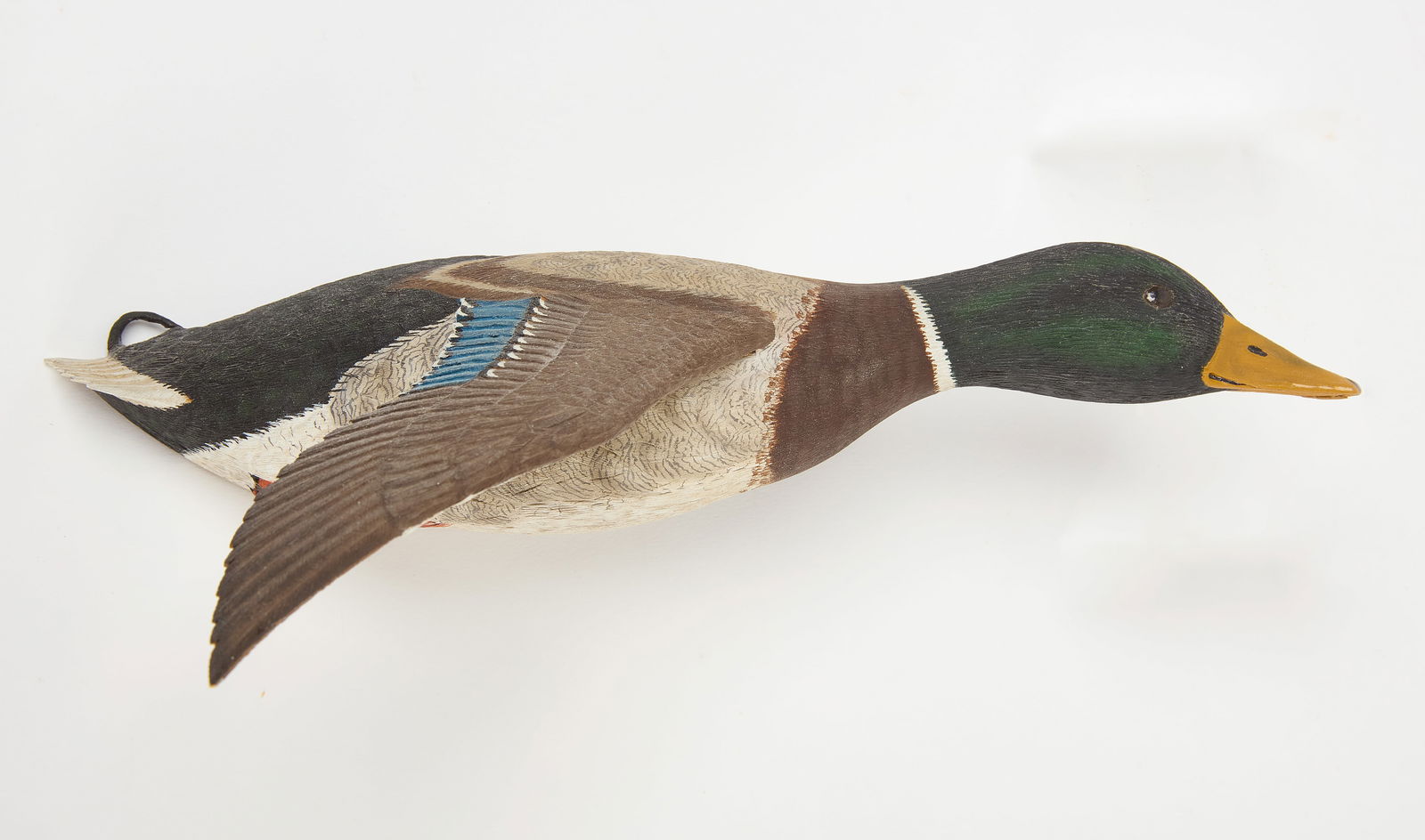 Bill Conroy - Carved Flying Mallard Duck: A 1/3 scale size flying Mallard duck carving by Bill Conroy. '#1 by Bill Conroy' signed near mounting bracket. Rhode Island or Maine, late 20th century. L 10-1/4 in. Link to high-res images: &