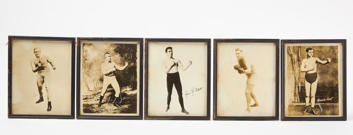 Antique Speed Bag with Ten Photo Prints of Famous Boxers