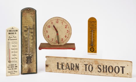 Advertising Thermometers, Sign, and Painted Clock