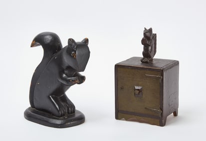 Folk Art Carved Squirrel and Trick Safe Box